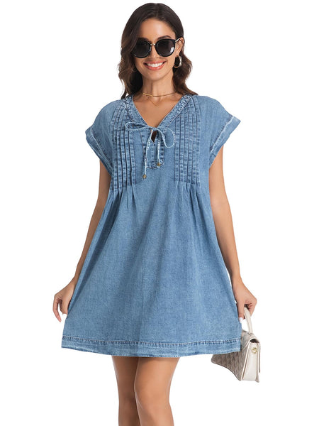 LIUSHIQI Womens Denim Romper V Neck Tie Front Pockets Blue Size S