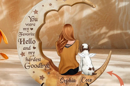 Personalized Memorial Dog Moon Wooden Art - Memorial Gift Idea for Cat/Dog Lover - No Longer By My Side Forever In My Heart