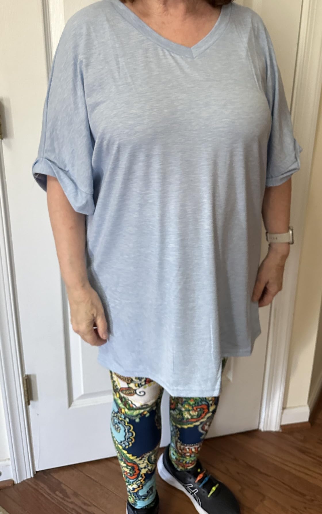 ATHMILE Womens Oversized V Neck T Shirt Ice Blue Casual Soft Size M