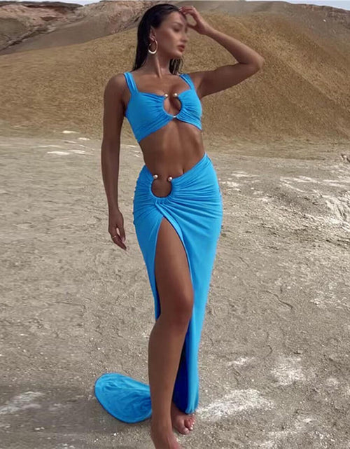 Load image into Gallery viewer, BOLLEY JOSS Women's Sexy 2 Piece Maxi Skirt Set Blue Polyester Size M
